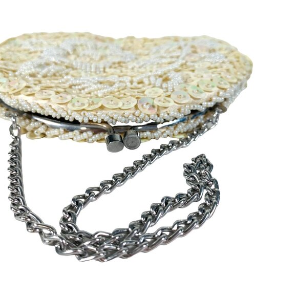 Flapper Beaded Sequined Evening Bag Kiss Clasp VTG Purse Silver Chain Strap - Picture 4 of 12